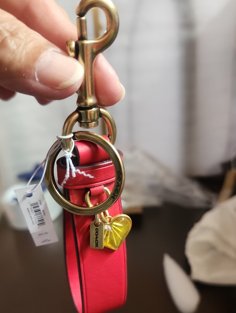 Coach Candy Red Leather Strap Keychain with Yellow Heart Charm & Dog Clip Nwt - Picture 8 of 9
